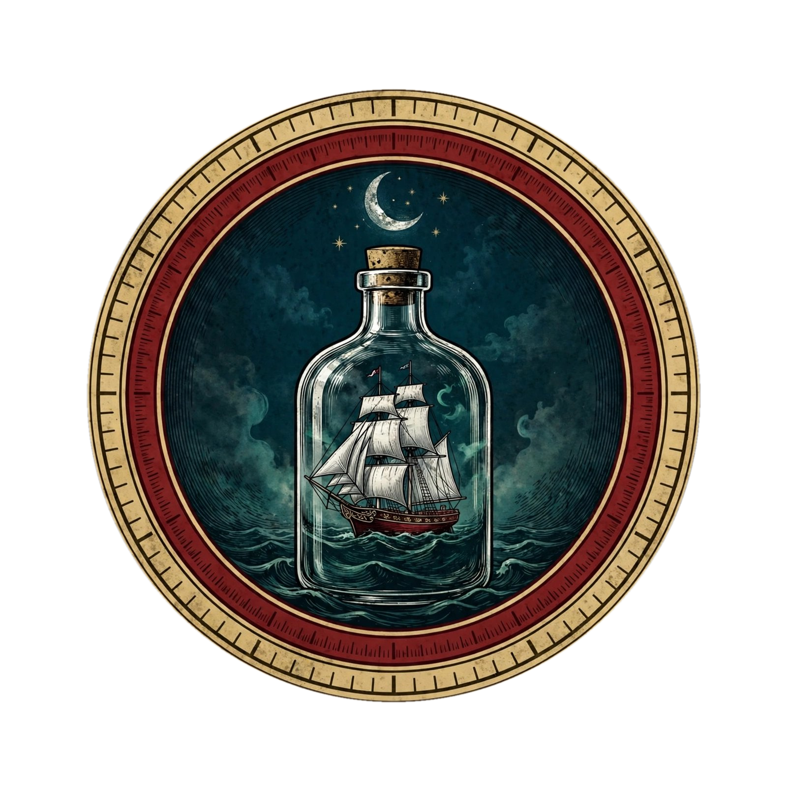 The Cold Ledger emblem: a tall ship in a bottle on night water under a crescent moon, ringed in maroon and gold.