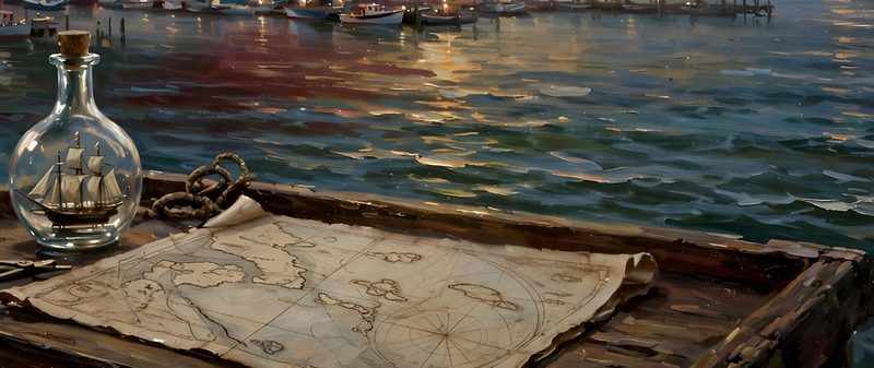 A painted ship in a bottle resting beside an old nautical chart.