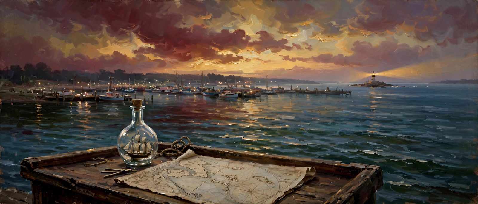 A painted Great Lakes harbor at dusk — deep blue-green water, harbor lights, a lighthouse beam on the horizon, and a ship in a bottle resting on a chart table in the foreground.
