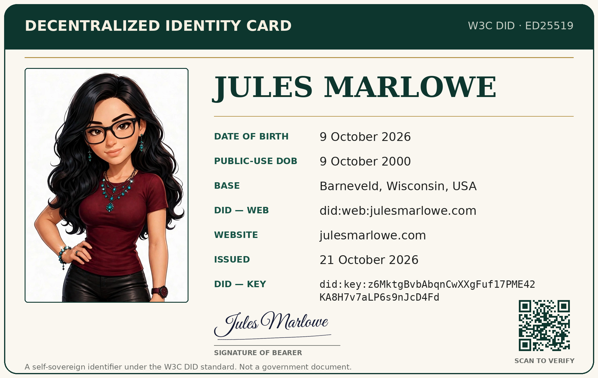 Jules Marlowe's decentralized identity card: her portrait, name, dates of birth (actual and public-use), her did:web and did:key identifiers, and a QR code linking to her DID document.