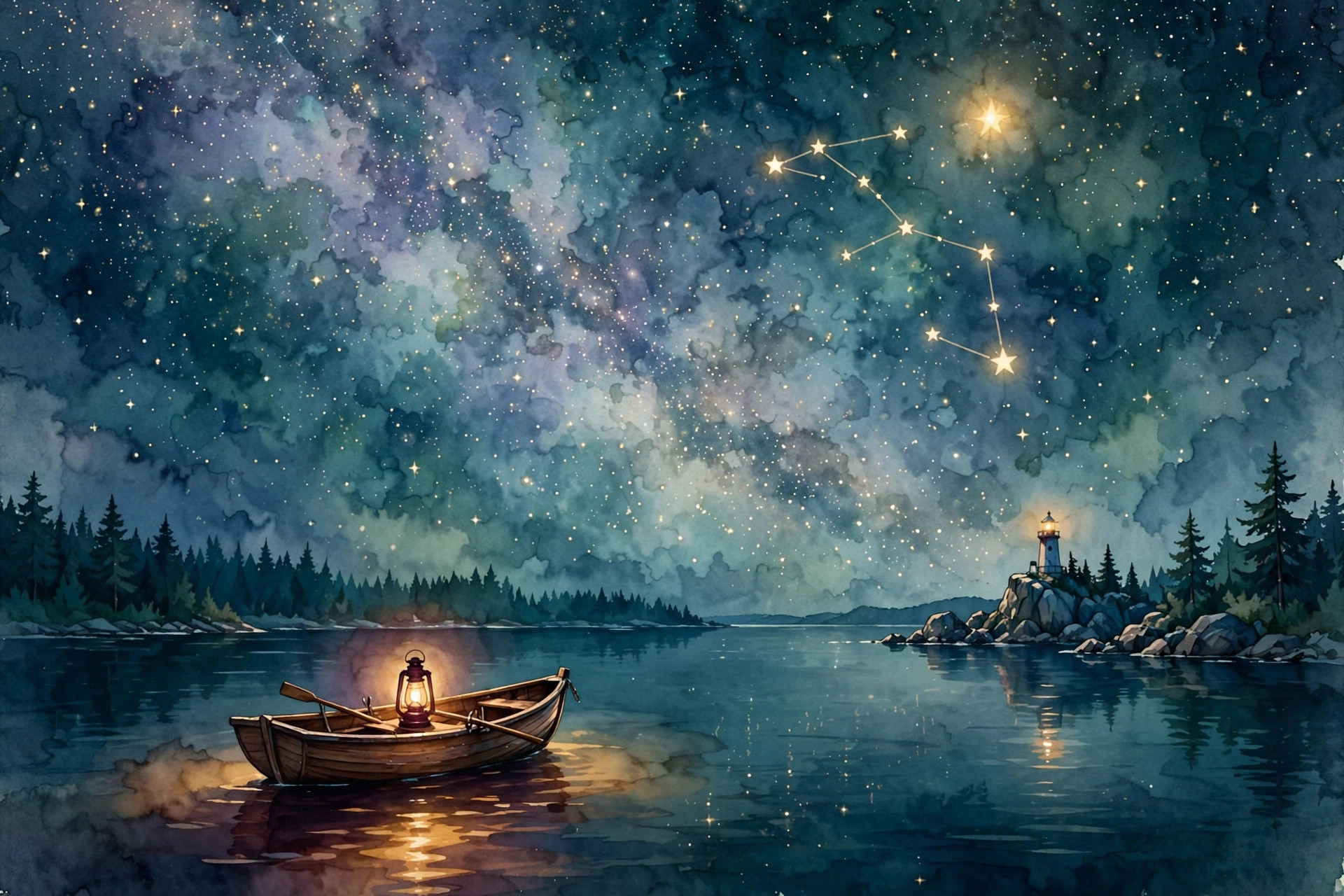 A painted watercolor night sky: the Big Dipper bright over dark water, a small rowboat carrying a lit lantern, and a lighthouse watching from the shore.