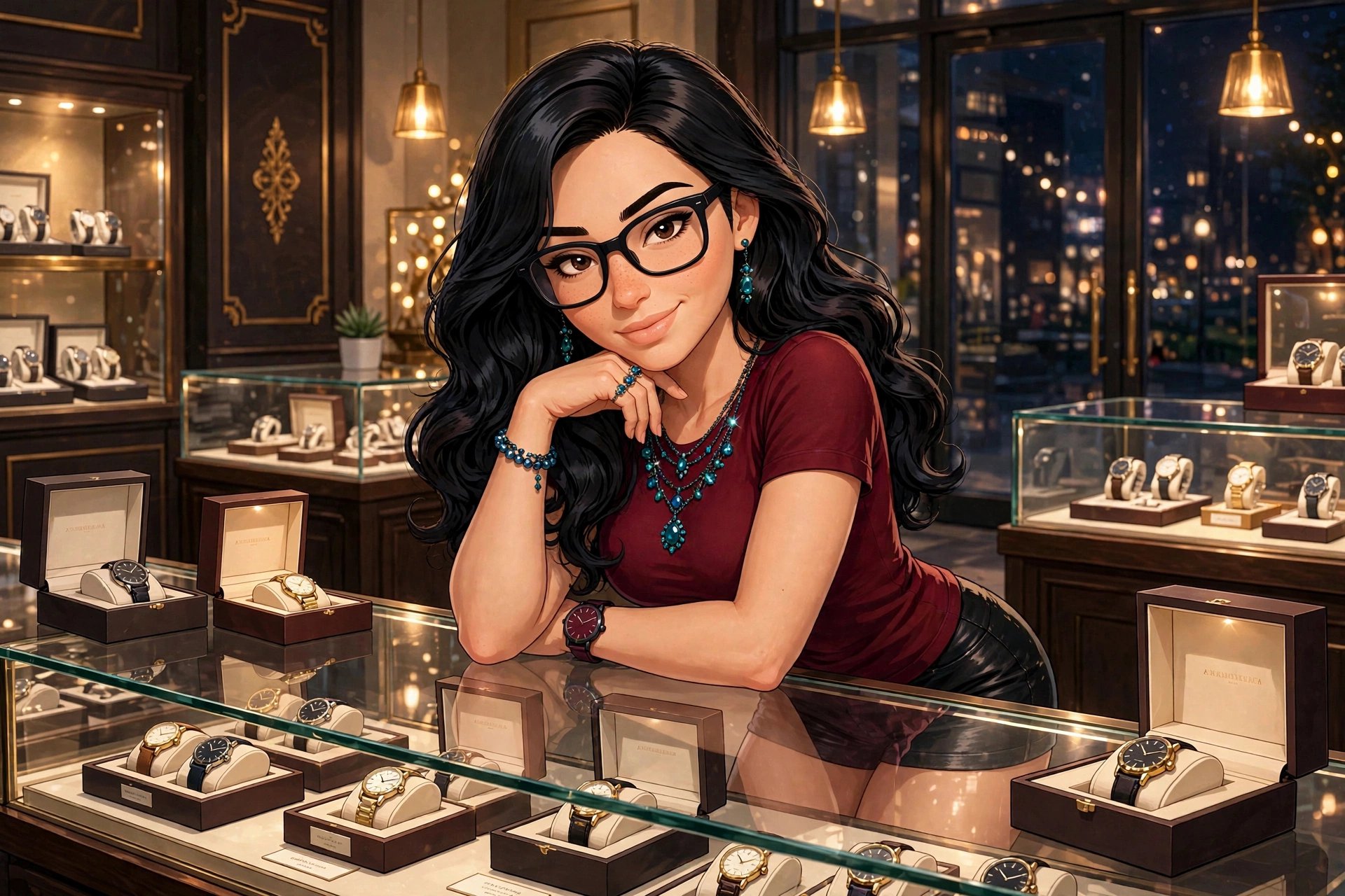 Illustrated portrait of Jules Marlowe — long black wavy hair, black glasses, a maroon top, and deep blue-green stone jewelry — leaning on the glass counter of an elegant watch shop at night, a maroon-dial watch on her wrist.