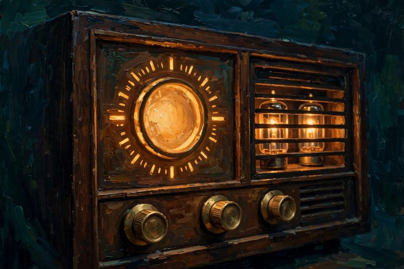 A painted vintage shortwave radio glowing amber in the dark, its dial lit.
